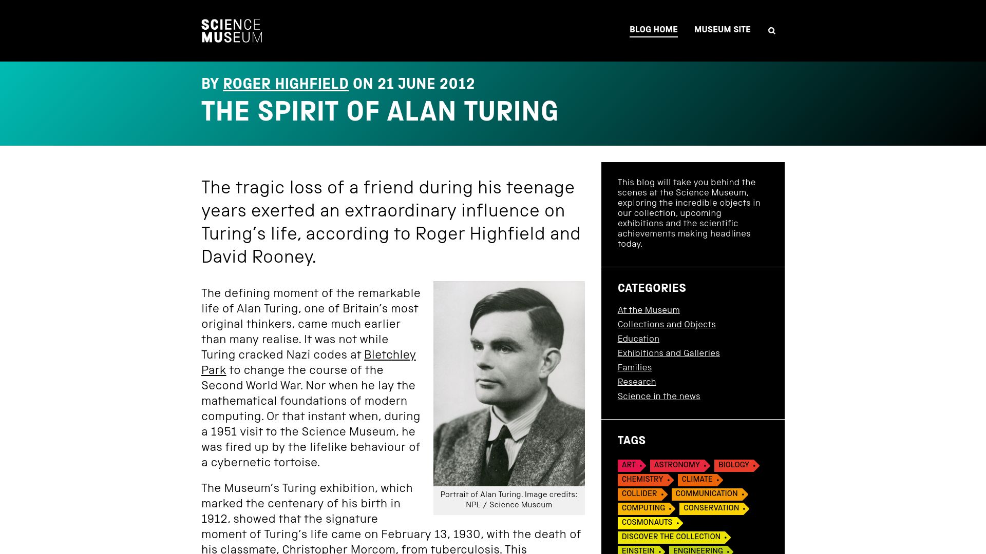 Screenshot of blog.sciencemuseum.org.uk: The Spirit of Alan Turing (2012)