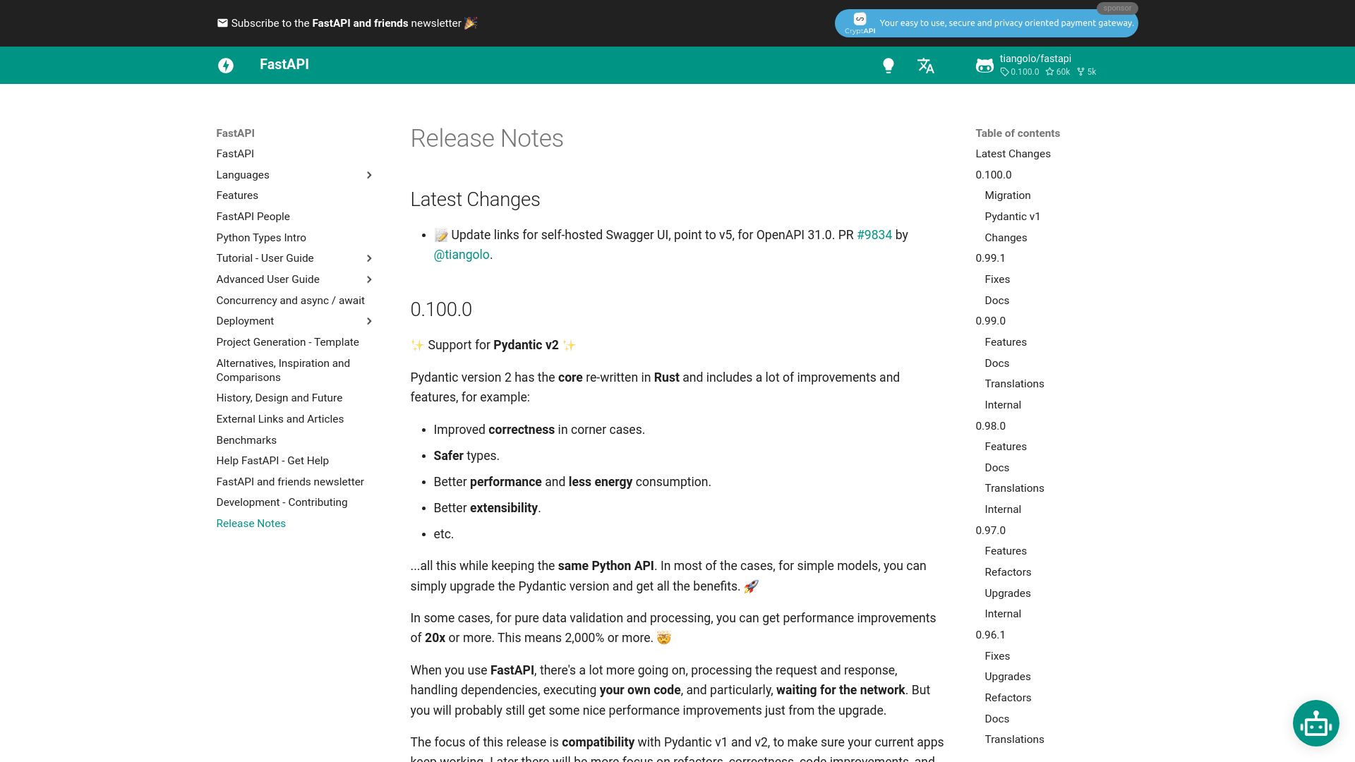 Screenshot of fastapi.tiangolo.com: FastAPI 0.100.0 release notes