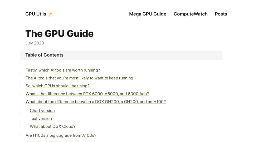 Screenshot of gpus.llm-utils.org: GPU Guide (For AI Use-Cases)