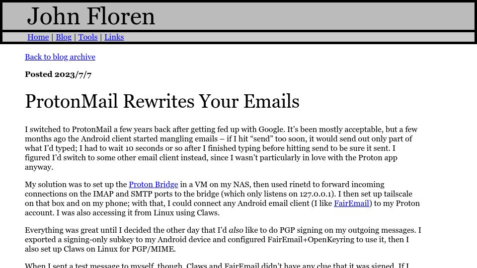 Screenshot of jfloren.net: ProtonMail Rewrites Your Emails