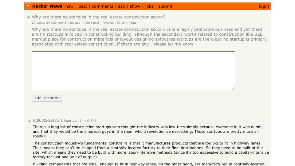 Screenshot of Hacker News post: Why are there no startups in the real estate construction sector?