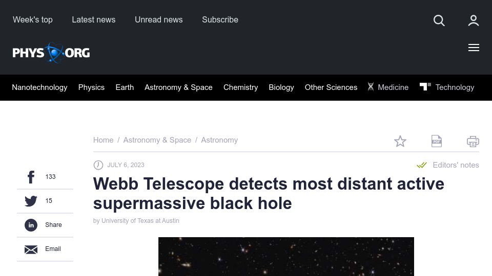 Screenshot of phys.org: Webb Telescope detects most distant active supermassive black hole