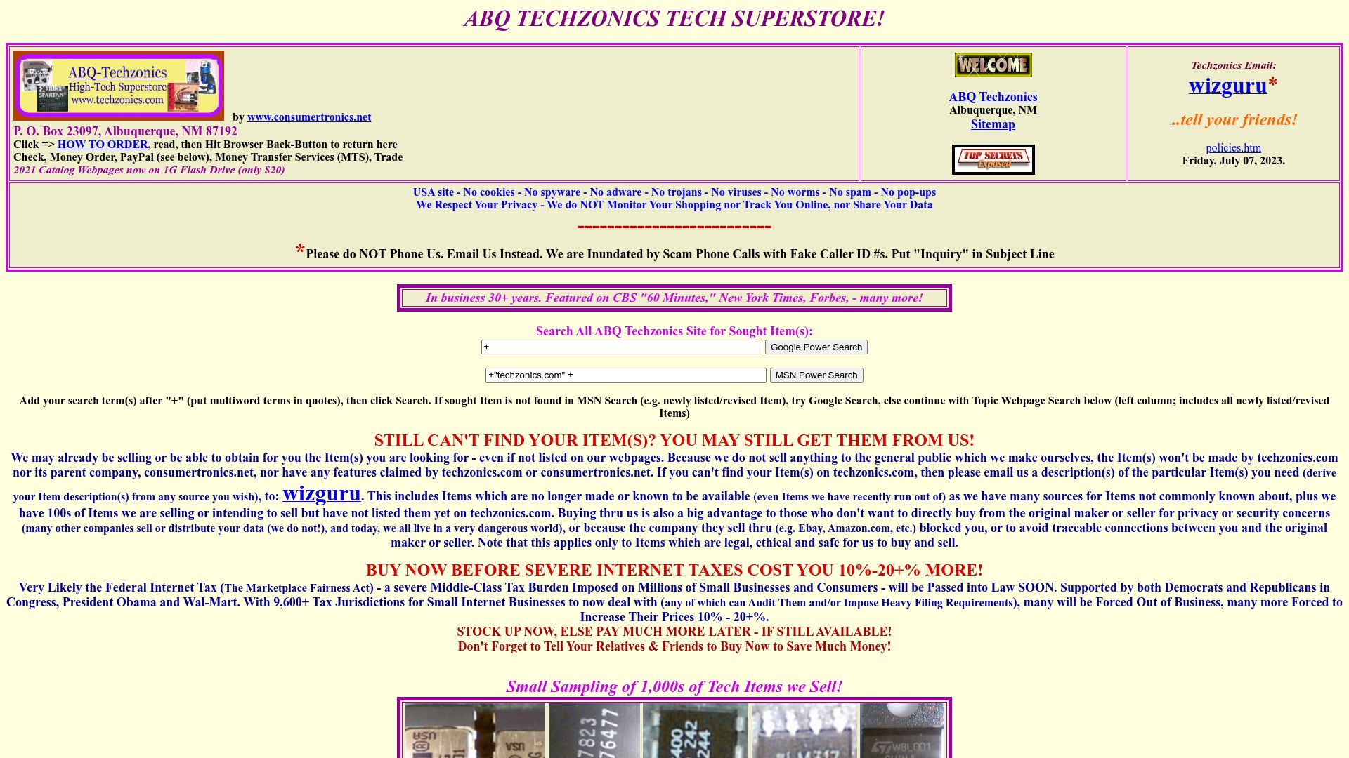 Screenshot of techzonics.com: Albuquerque Techzonics