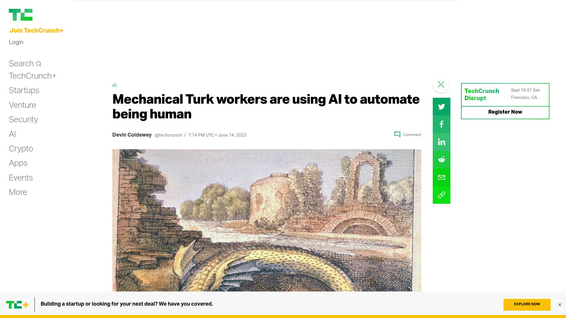 Screenshot of techcrunch.com: Mechanical Turk workers are using AI to automate being human