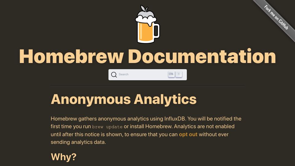 Screenshot of docs.brew.sh: Homebrew's analytics have moved to the EU and away from Google