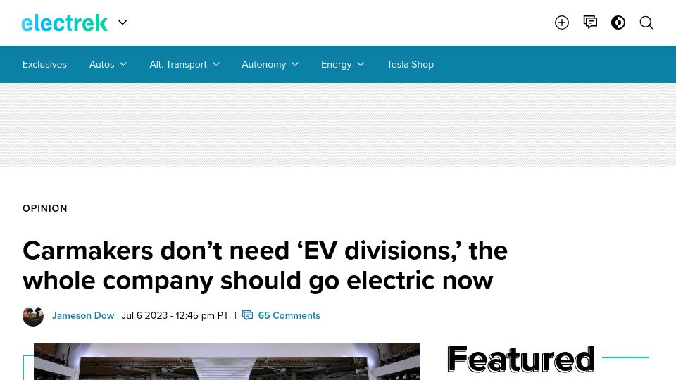 Screenshot of electrek.co: Carmakers don’t need ‘EV divisions,’ the whole company should go electric now