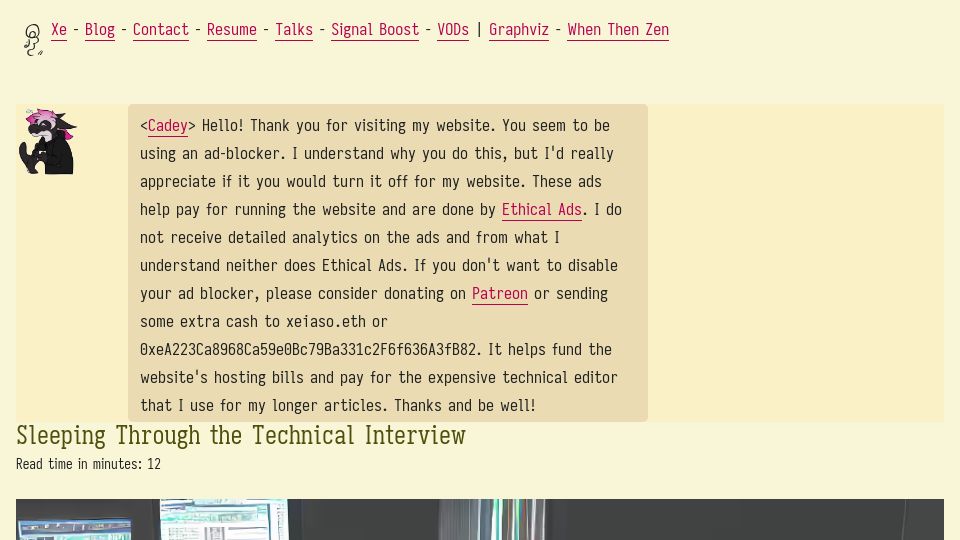 Screenshot of xeiaso.net: Sleeping through the technical interview (2022)