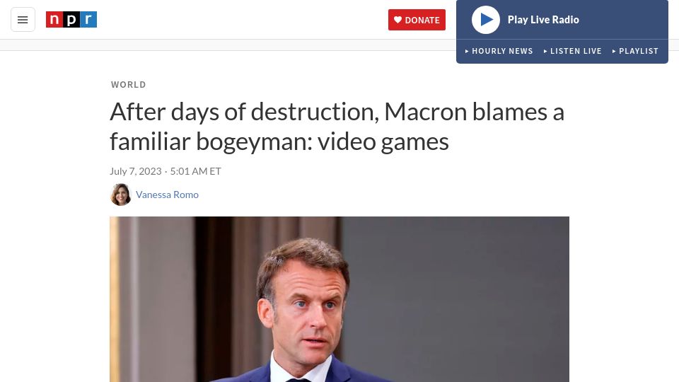 Screenshot of npr.org: After days of destruction, Macron blames a familiar bogeyman: video games
