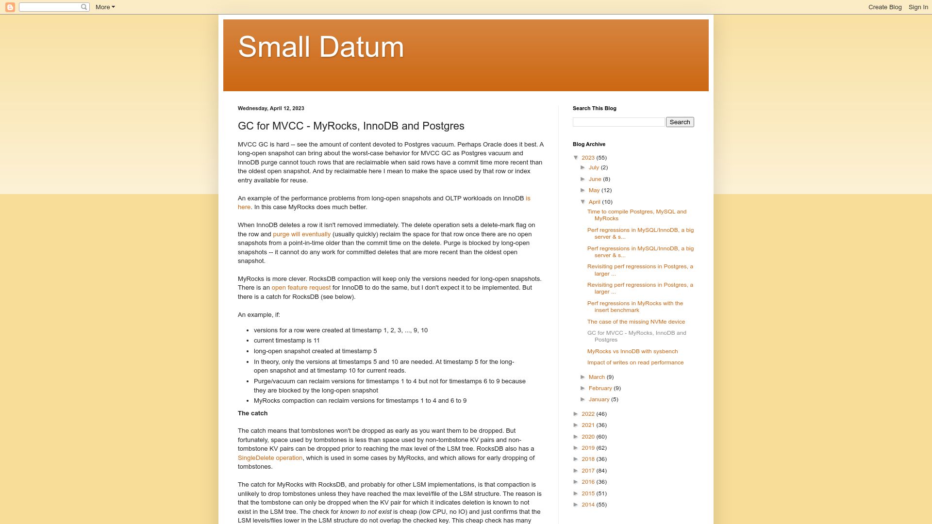 Screenshot of smalldatum.blogspot.com: Garbage Collection for MVCC – MyRocks, InnoDB and Postgres