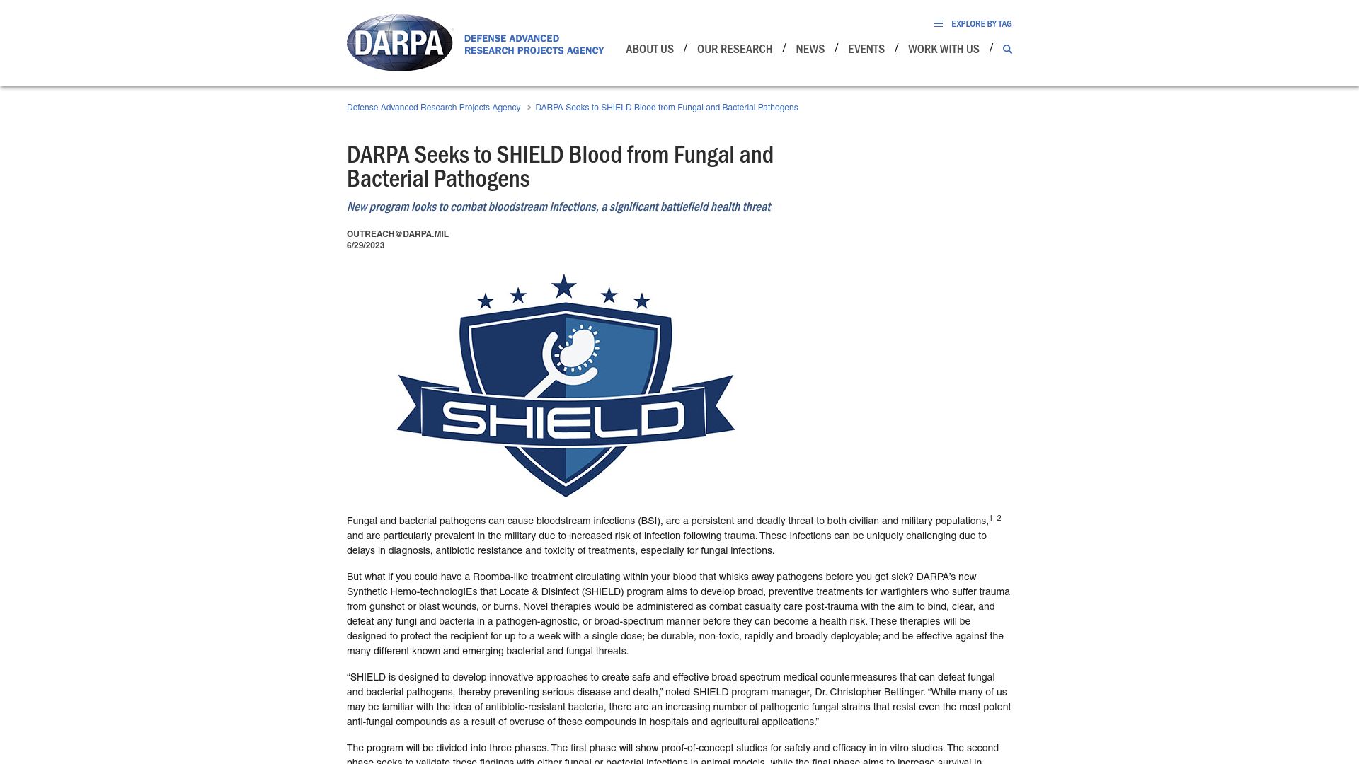 Screenshot of darpa.mil: DARPA Seeks to Shield Blood from Fungal and Bacterial Pathogens