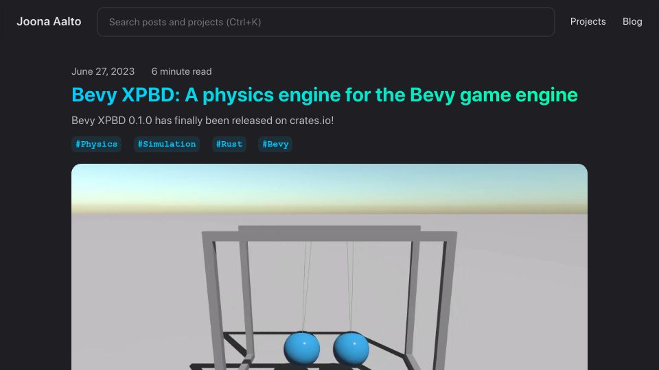 Screenshot of joonaa.dev: Bevy XPBD: A physics engine for the Bevy game engine