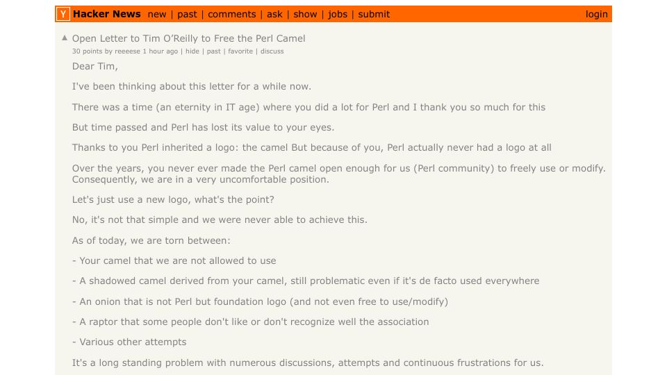 Screenshot of Hacker News post: Open Letter to Tim O’Reilly to Free the Perl Camel