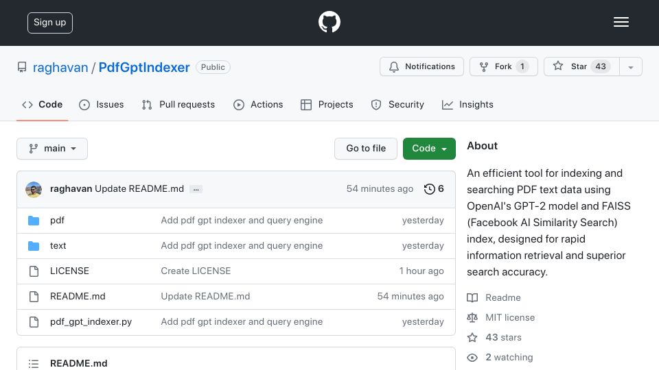 Screenshot of github.com: PdfGptIndexer: Indexing and searching PDF text data using GPT-2 and FAISS