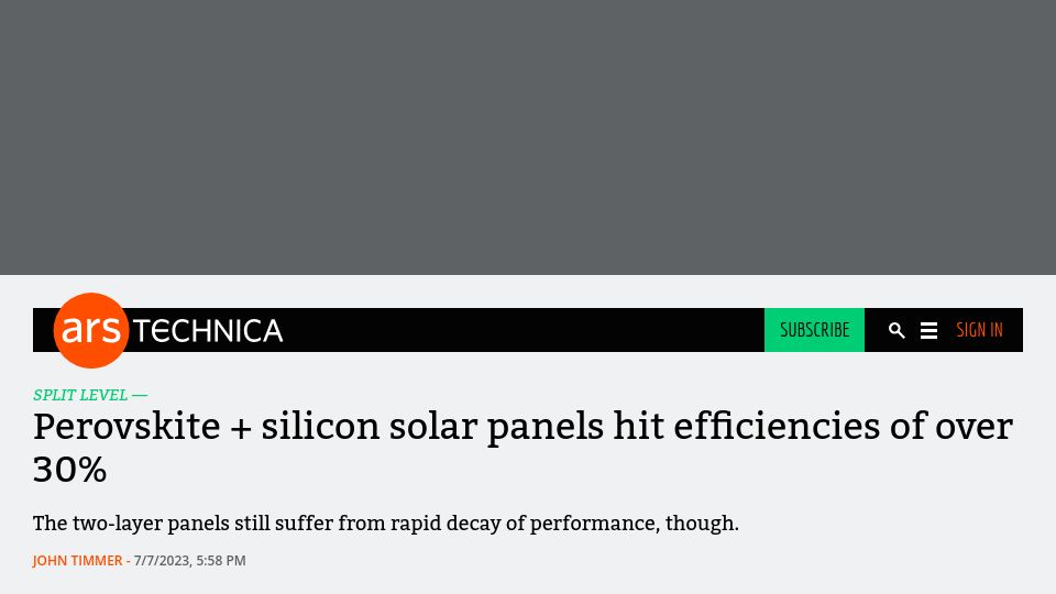 Screenshot of arstechnica.com: Panel with photovoltaic material layered on silicon hits 33% efficiencies
