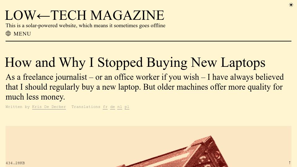 Screenshot of solar.lowtechmagazine.com: I stopped buying new laptops (2020)