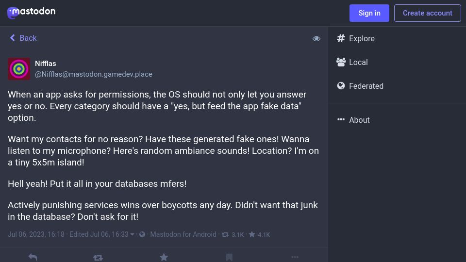 Screenshot of mastodon.gamedev.place: When an app asks for permissions, it should have a “feed fake data” option