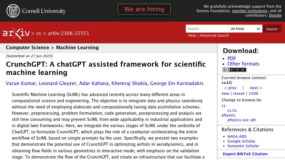 Screenshot of arxiv.org: CrunchGPT: A ChatGPT assisted framework for scientific machine learning
