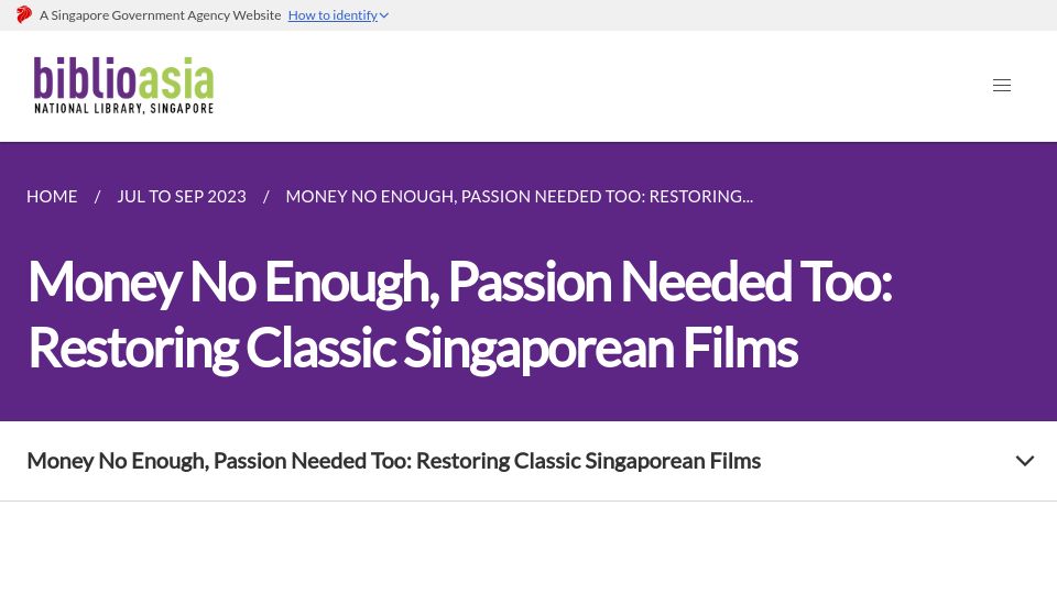 Screenshot of biblioasia.nlb.gov.sg: Money No Enough, Passion Needed Too: Restoring Classic Singaporean Films