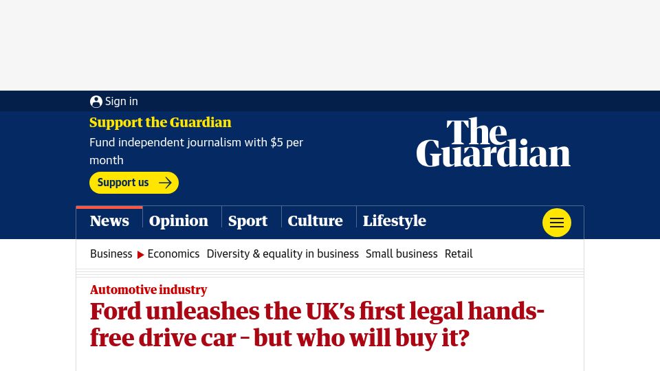 Screenshot of theguardian.com: Ford unleashes the UK’s first legal hands-free drive car – but who will buy it?