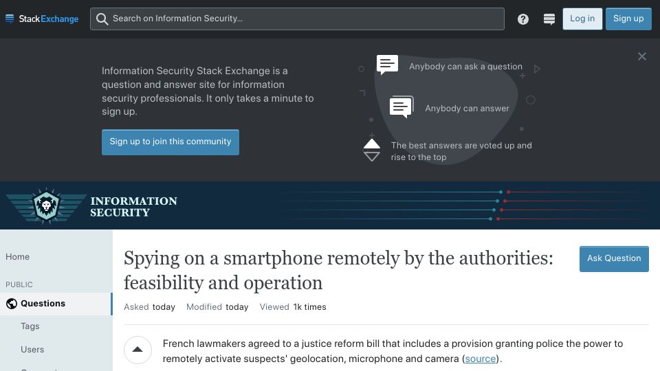 Screenshot of security.stackexchange.com: Spying on a smartphone remotely by the authorities: feasibility and operation