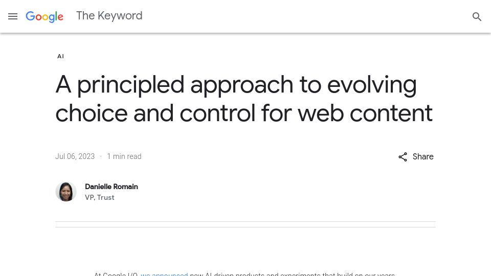 Screenshot of blog.google: Google to explore alternatives to robots.txt