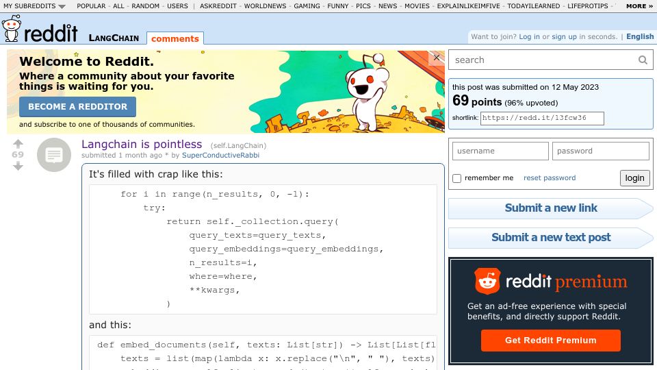 Screenshot of old.reddit.com: Langchain Is Pointless