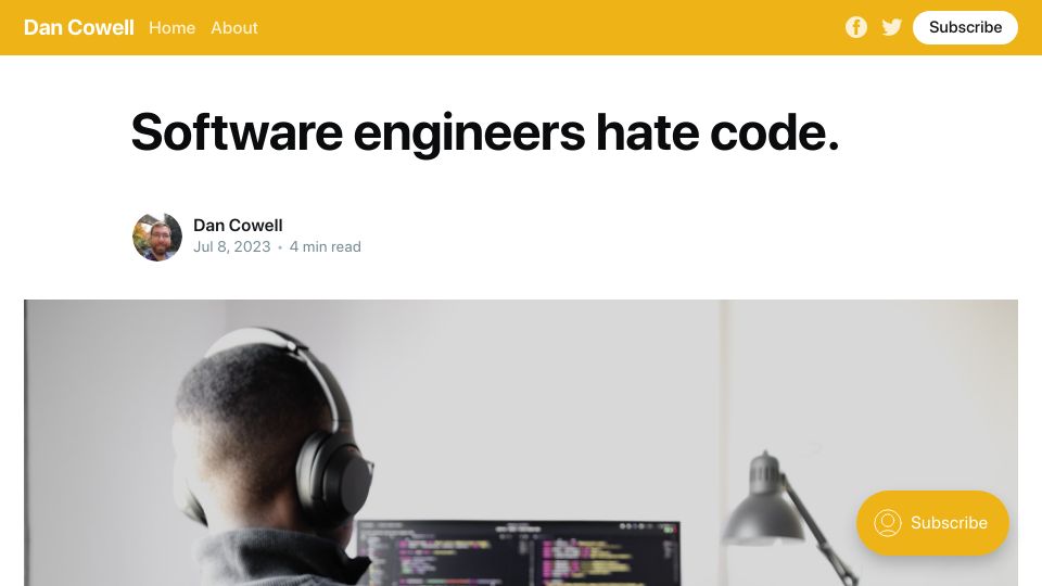 Screenshot of dancowell.com: Software engineers hate code