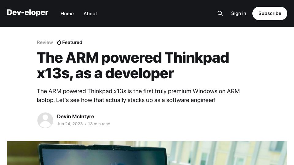 Screenshot of dev-eloper.com: The ARM powered ThinkPad x13s, as a developer