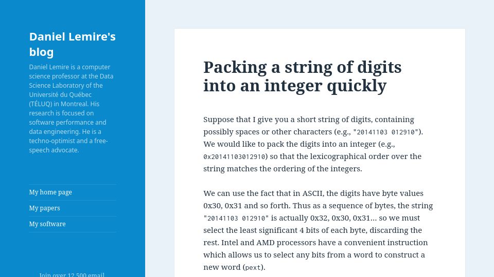 Screenshot of lemire.me: Packing a string of digits into an integer quickly