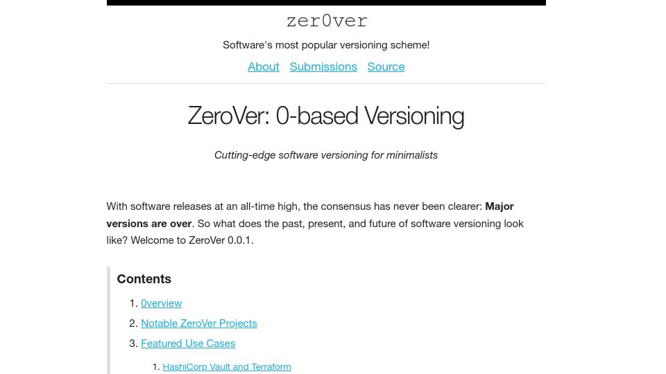 Screenshot of 0ver.org: ZeroVer: 0-Based Versioning