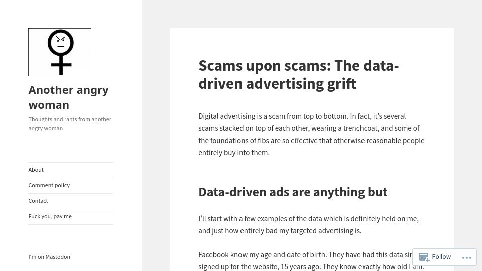 Screenshot of anotherangrywoman.com: Scams upon scams: The data-driven advertising grift