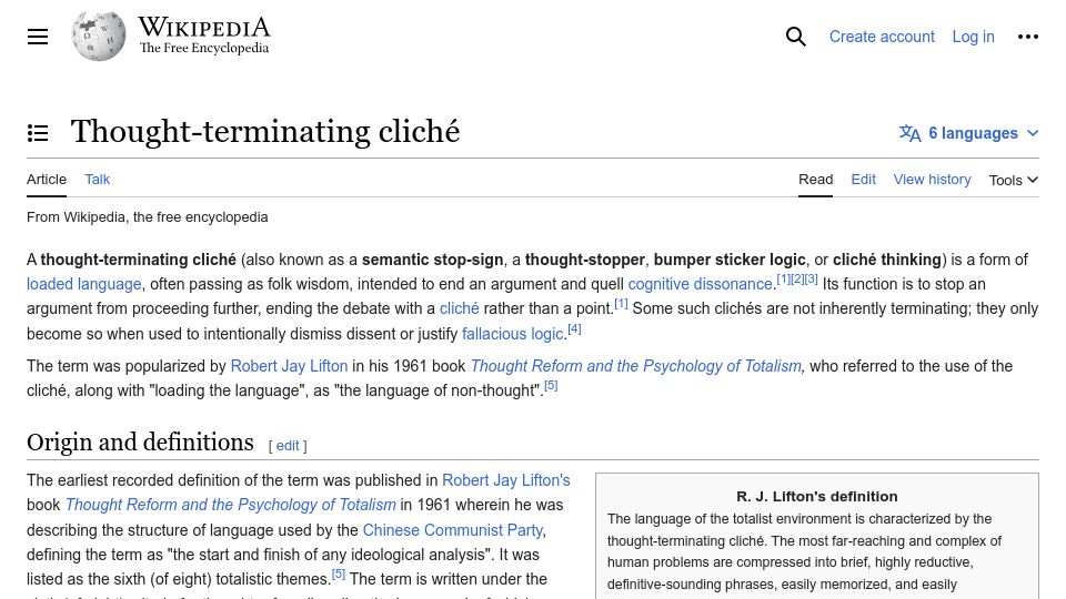 Screenshot of en.wikipedia.org: Thought-Terminating Cliché