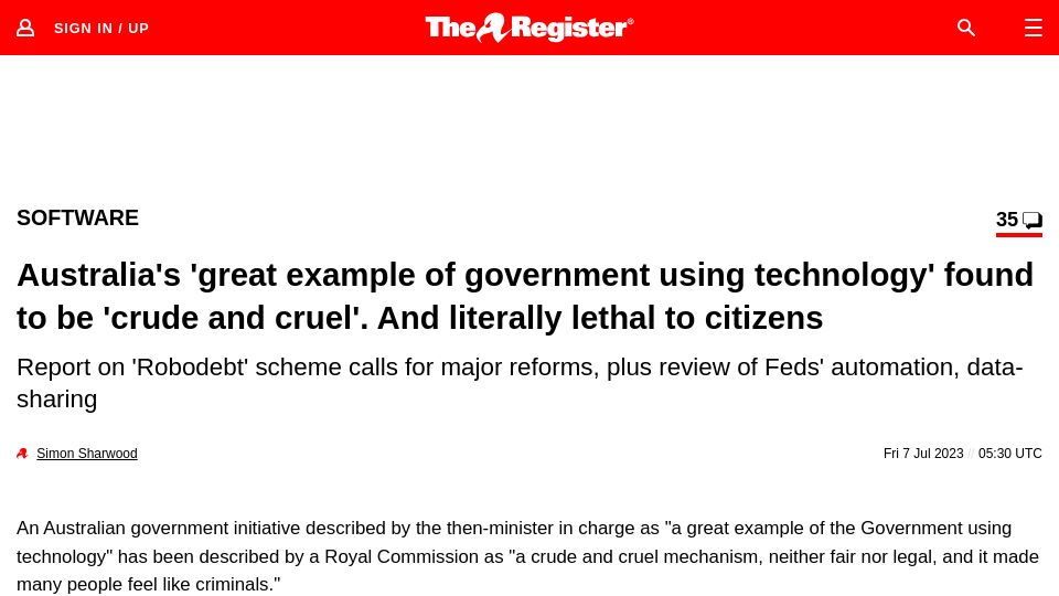 Screenshot of theregister.com: Australia's great example of government using technology found crude and cruel