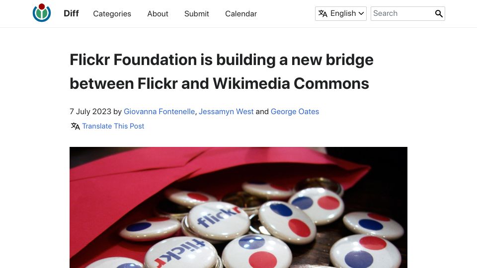 Screenshot of diff.wikimedia.org: Flickr Foundation is building a new bridge between Flickr and Wikimedia Commons