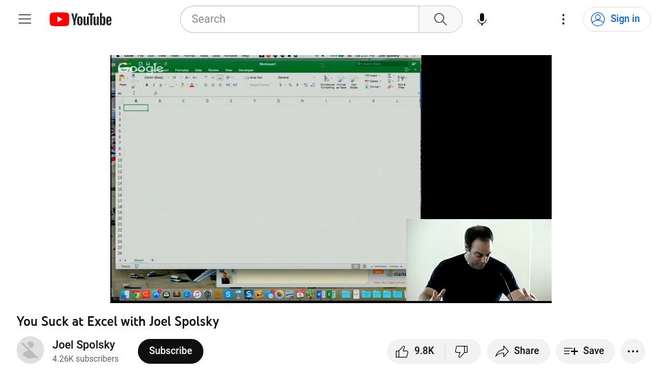 Screenshot of youtube.com: You Suck at Excel (2015) [video]