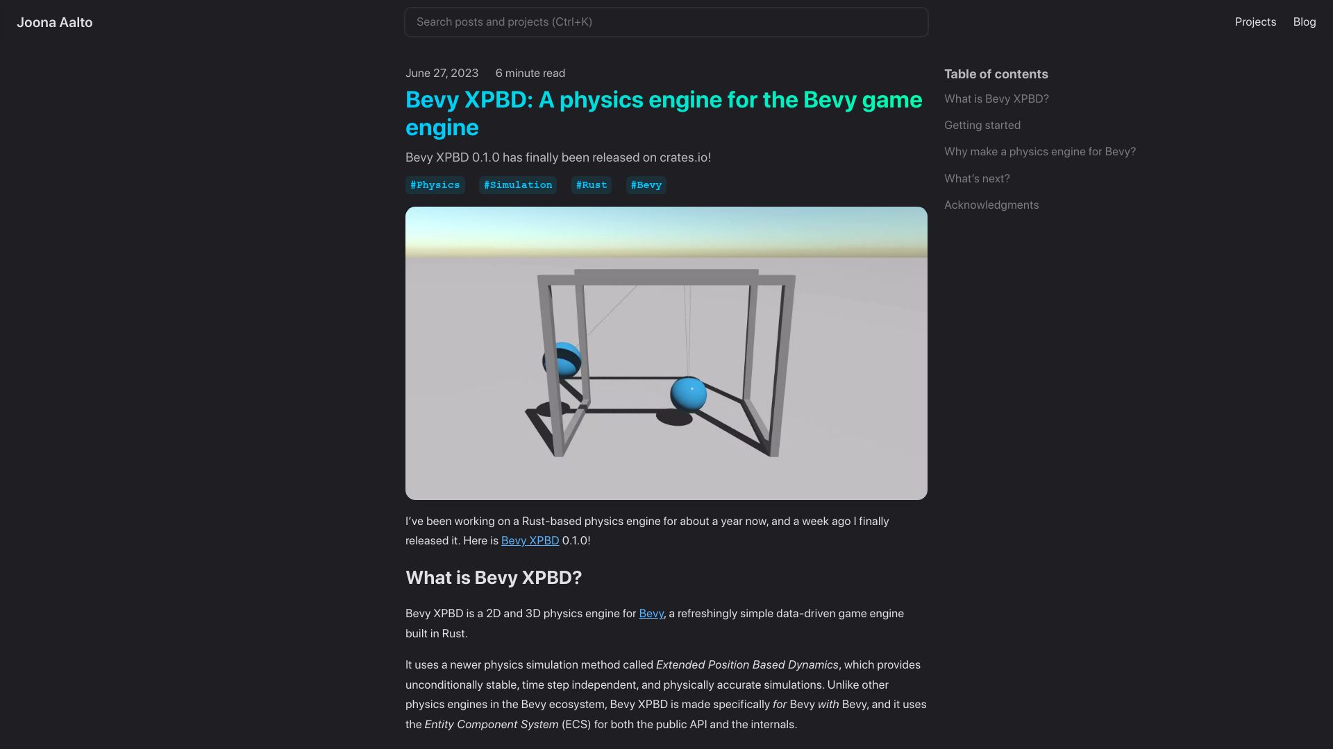 Screenshot of joonaa.dev: Bevy XPBD: A physics engine for the Bevy game engine