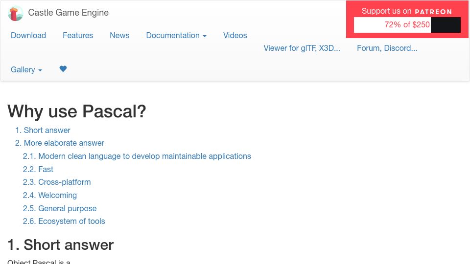 Screenshot of castle-engine.io: Why use Pascal?