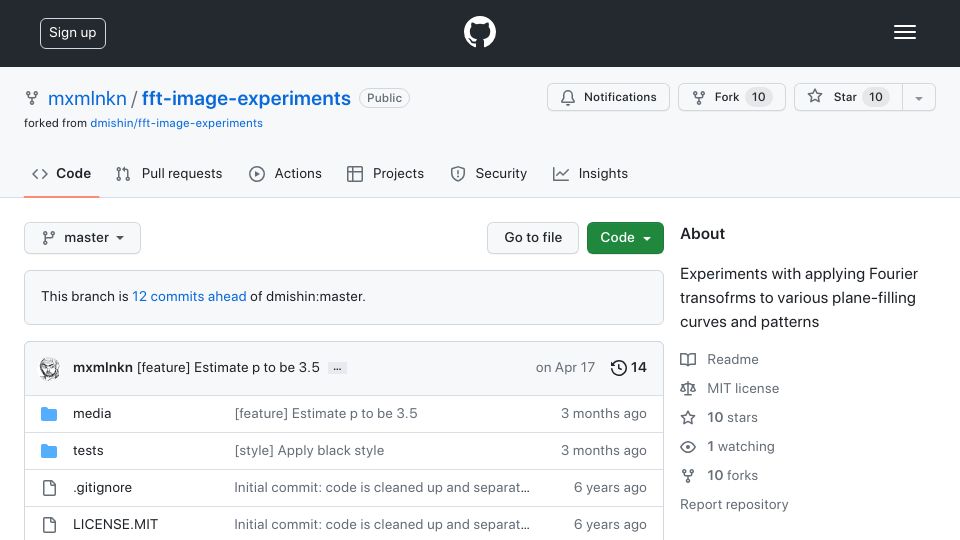 Screenshot of github.com: Experiments with plane-filling curves and Fourier transform