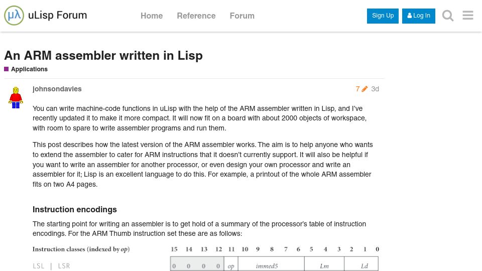Screenshot of forum.ulisp.com: An ARM Assembler Written in Lisp