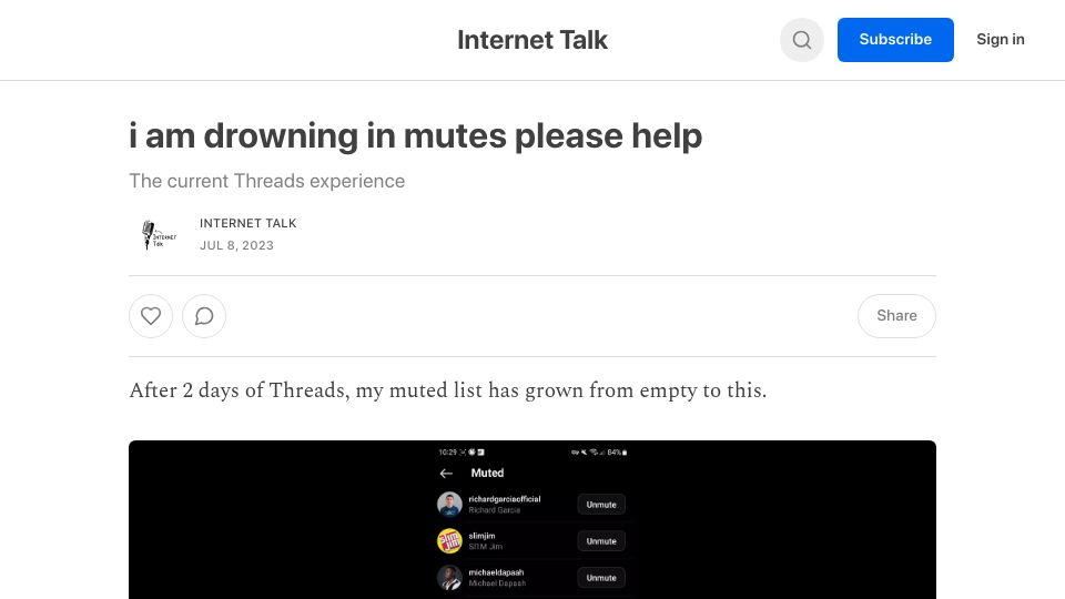 Screenshot of internettalk.substack.com: I am drowning in mutes: The current Threads experience