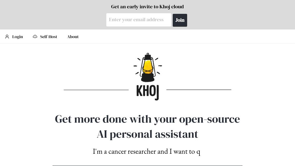 Screenshot of khoj.dev: Khoj: An AI Personal Assistant for Your Digital Brain