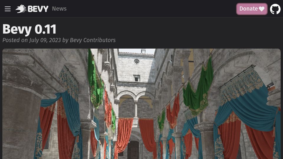 Screenshot of bevyengine.org: Bevy 0.11: ECS-driven game engine built in Rust