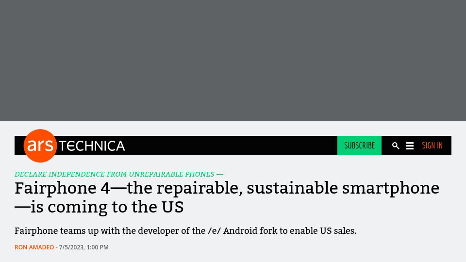 Screenshot of arstechnica.com: Fairphone 4 is coming to the US