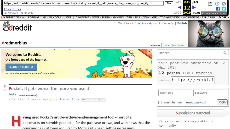 Screenshot of web.archive.org: Pocket gets worse the more you use it (2019)