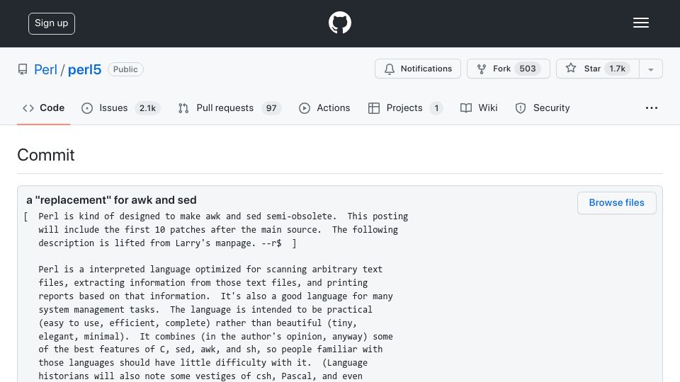 Screenshot of github.com: Perl first commit: a “replacement” for Awk and sed