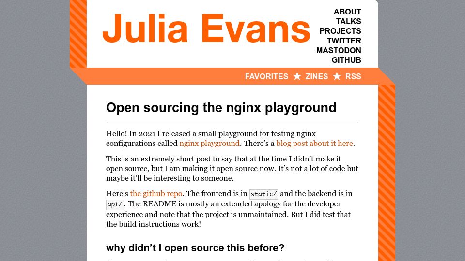 Screenshot of jvns.ca: Open sourcing the Nginx playground
