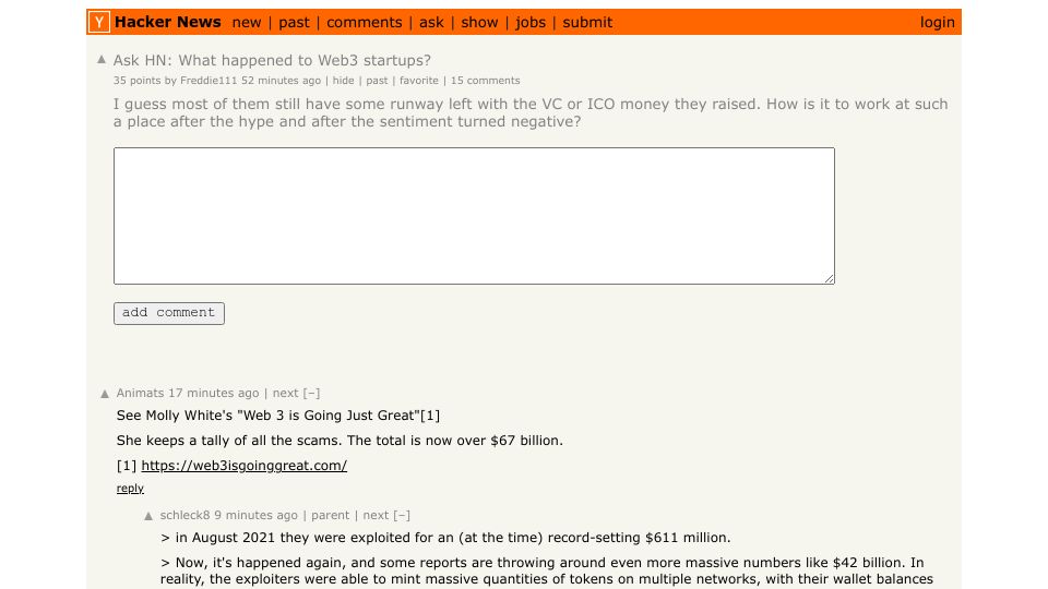 Screenshot of Hacker News post: Ask HN: What happened to Web3 startups?