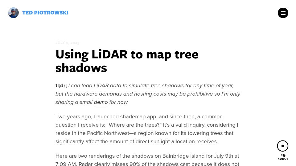 Screenshot of tedpiotrowski.svbtle.com: Using Lidar to map tree shadows
