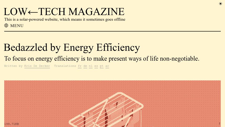Screenshot of solar.lowtechmagazine.com: Bedazzled by Energy Efficiency (2018)