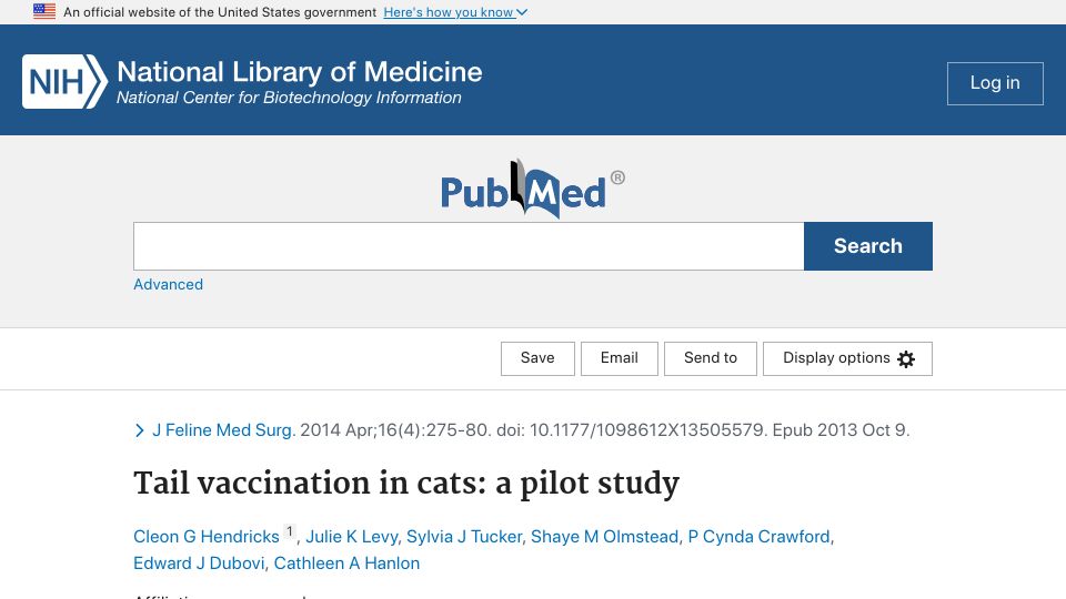 Screenshot of pubmed.ncbi.nlm.nih.gov: Tail vaccination in cats: a pilot study (2014)
